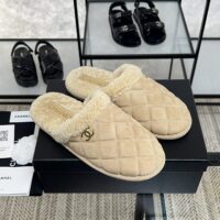 Chanel CC Suede Shearling Mule Slippers